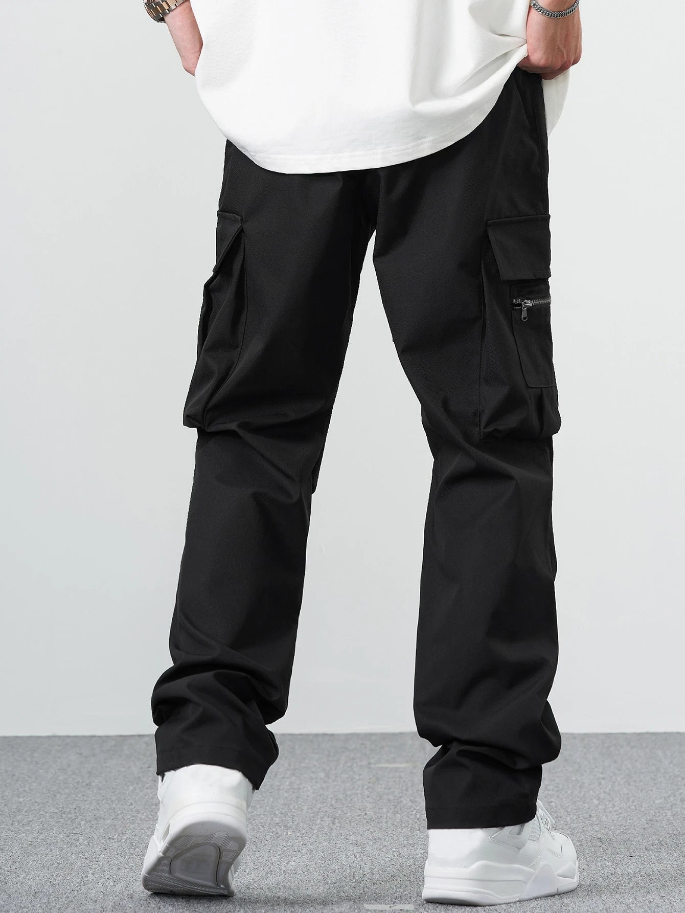 Manfinity EMRG Loose Men'S Cargo Pants with Drawstring Waist Baggy Long Plain Black Going Out, Back to School